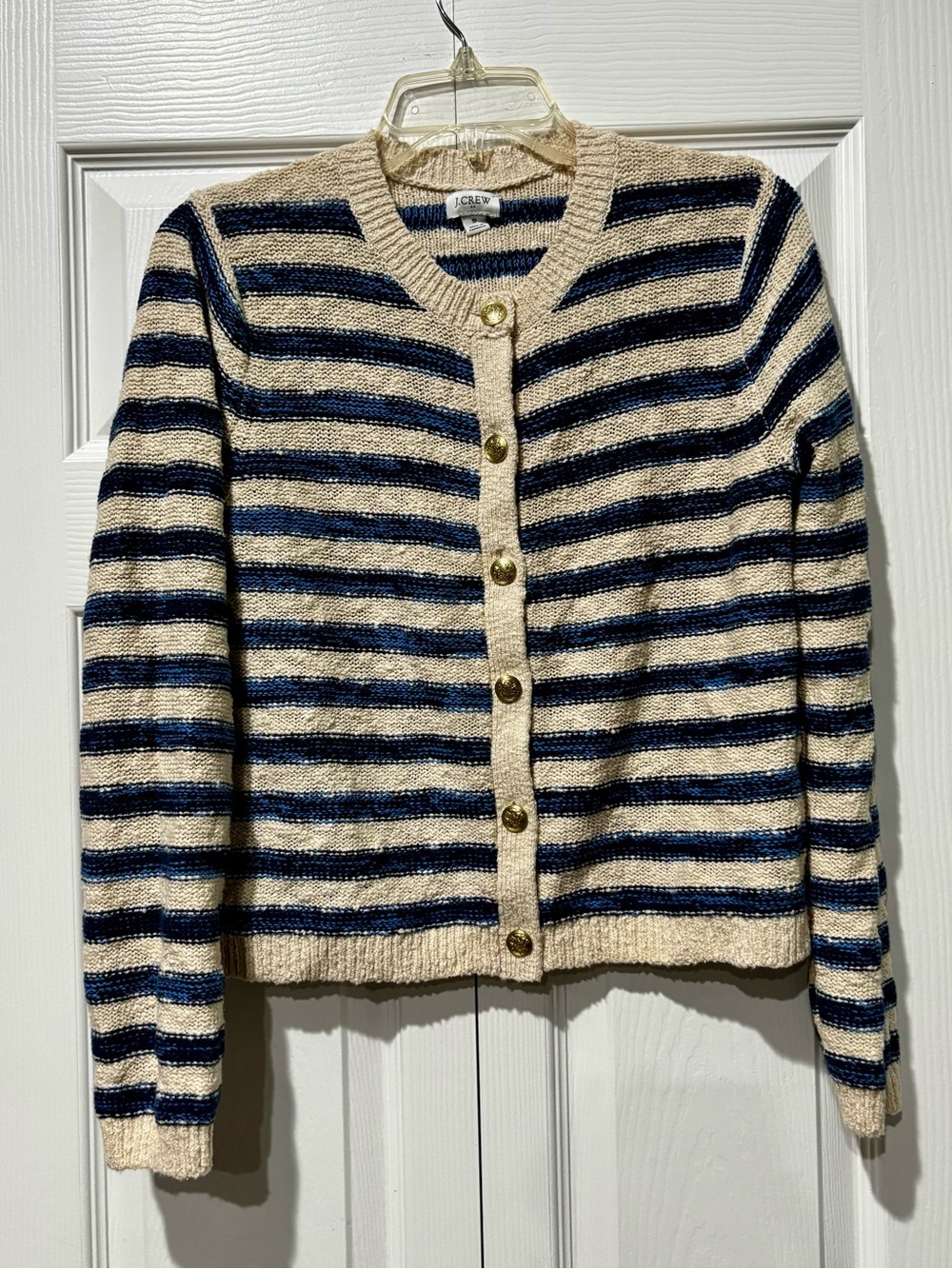 J. Crew Cream and Navy Striped Button-Front Cardigan